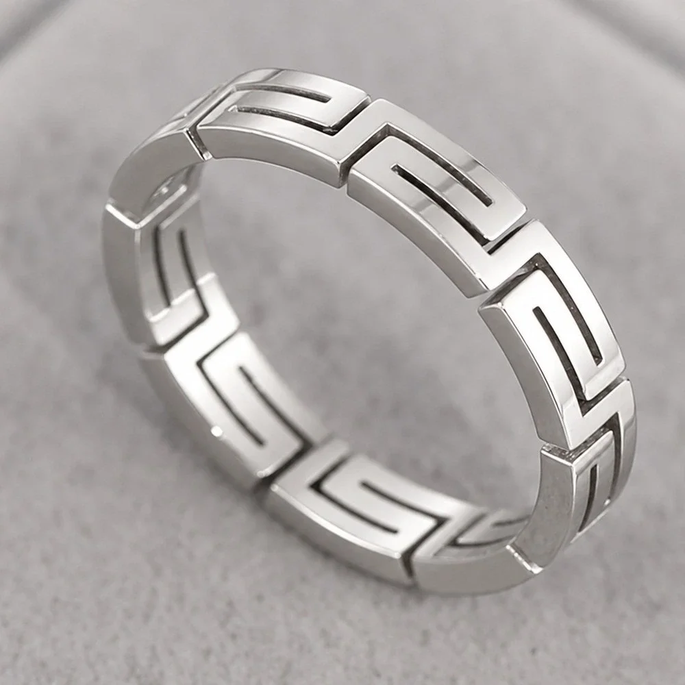 Silver Titanium Steel Greek Key Meander Band Ring Geometric Maze Design Size 9